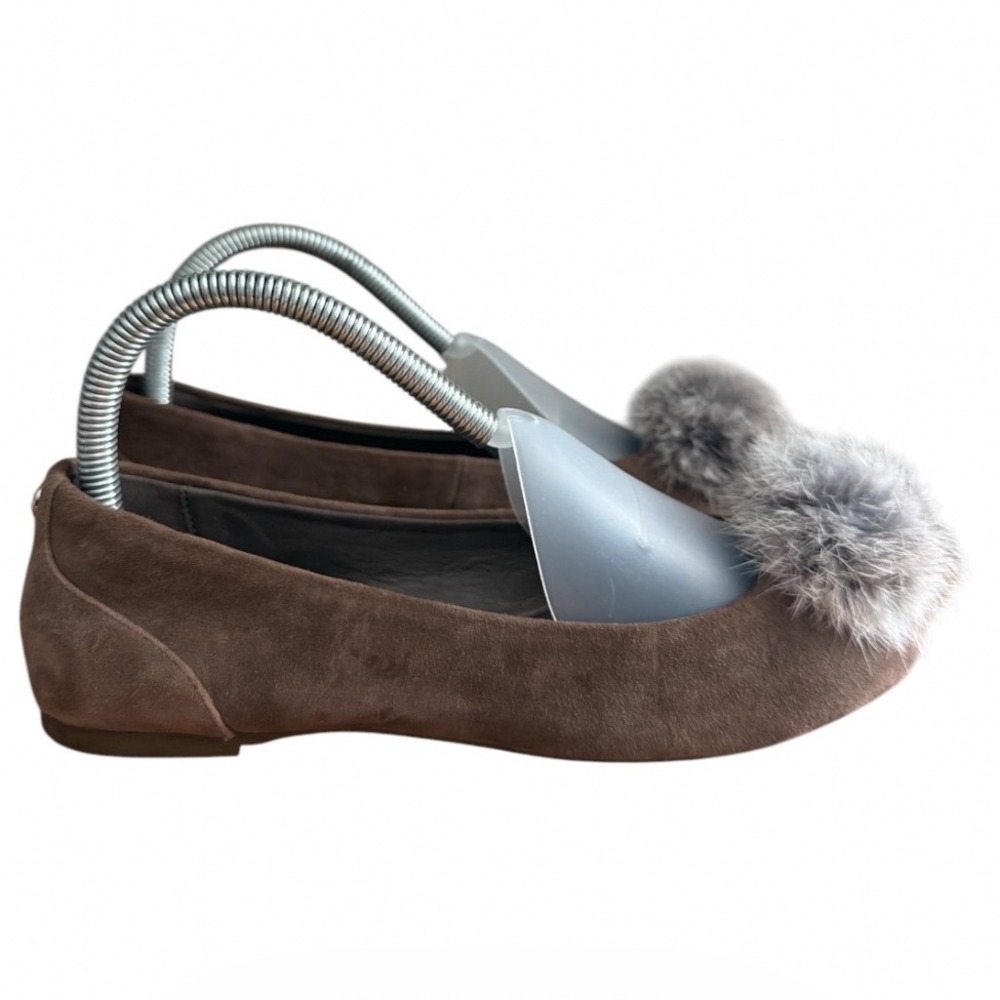 Michael Kors Ballet Flats Womens 8 Brown Suede Faux Fur Pom-Pom Round Toe Flat